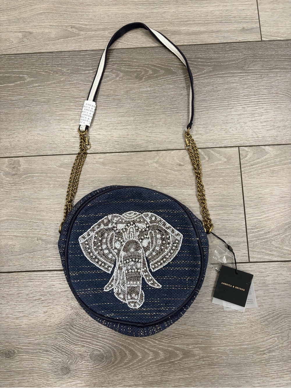 NWT America & Beyond Navy Round Elephant Embellished Shoulder Bag